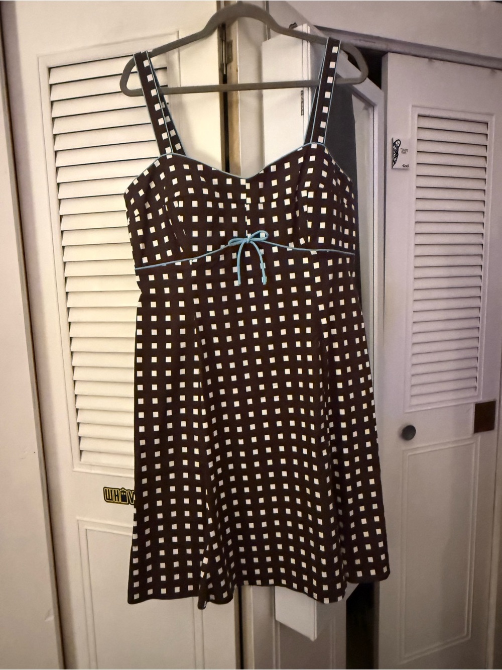 R&K Brown and White Checkered Mini Dress with Light Blue Tie